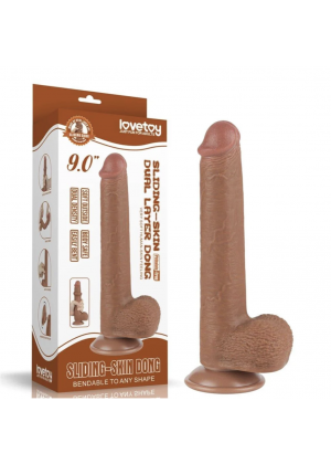 Реалистичный фаллоимитатор с мошонкой LoveToy Sliding Skin Dual Layer Dong 9 Brown, подвижная кожа, присоска (22 см, Ø 3.7 см)